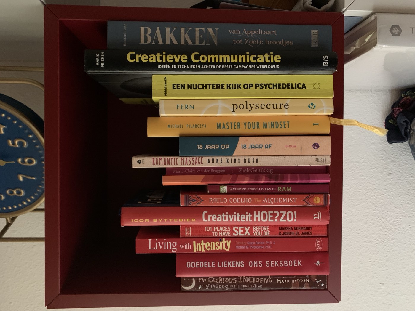 Het boek 18 jaar op, 18 jaar af tussen andere boeken in de kast